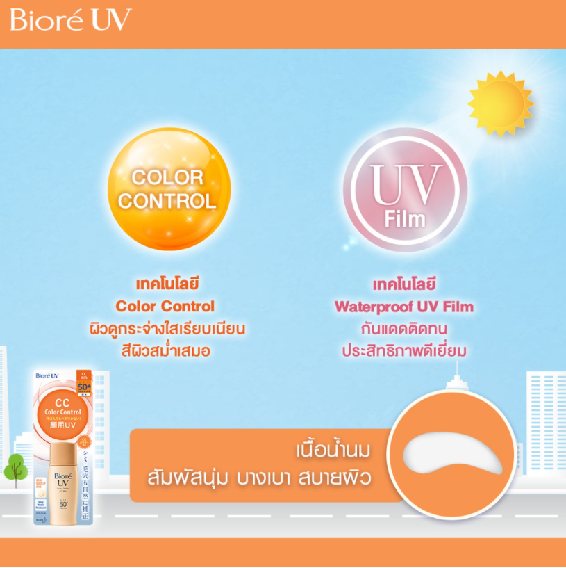 Biore UV Color Control CC Milk SPF50+ Pa++++ 30ml กันแดดรองพื้น เนื้อน้ำนมผสานรองพื้นบางเบา ผิวดูกระจ่างใสเรียบเนียน สีผิวสม่ำเสมอ ด้วยเทคโนโลยี Color Control